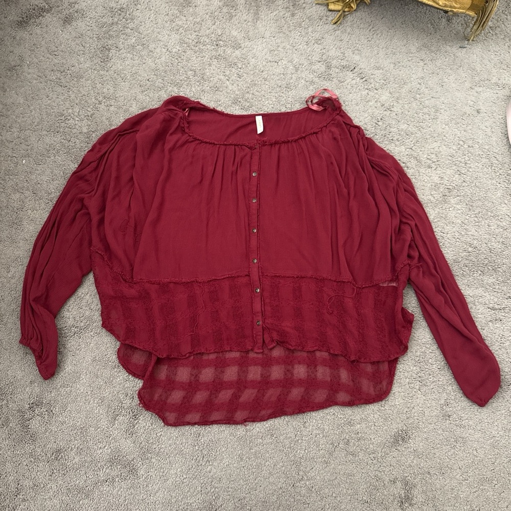 Free People Red Boxy Blouse with Peter Pan Collar